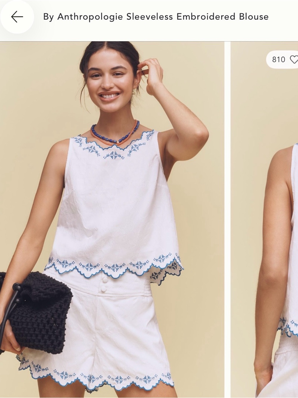 Anthropologie White Sleeveless Embroidered Tank with Blue Trim